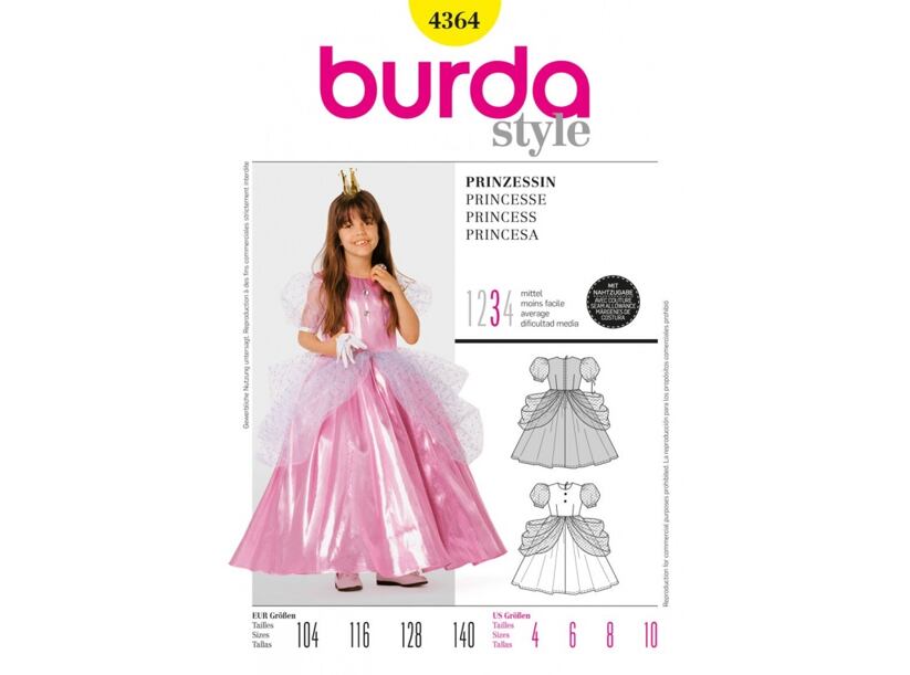 Strih Burda žltý 4364 - detský kostým šaty pre princeznú