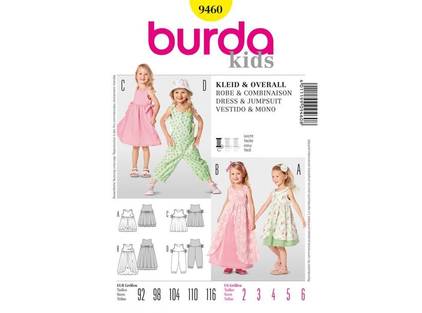 Strih Burda žltý 9460 - detské šaty, overal