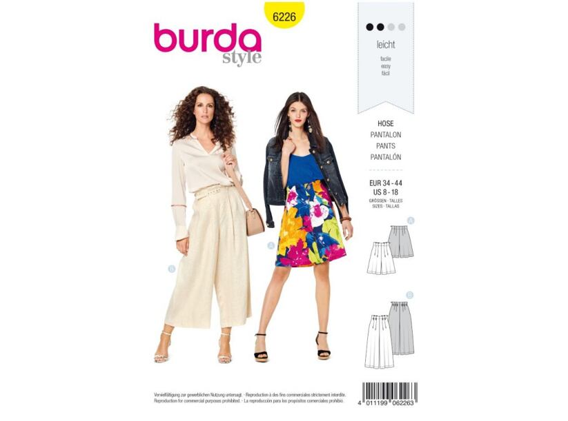 Strih Burda žltý 6226 - letné nohavice, ľanové nohavice, šortky