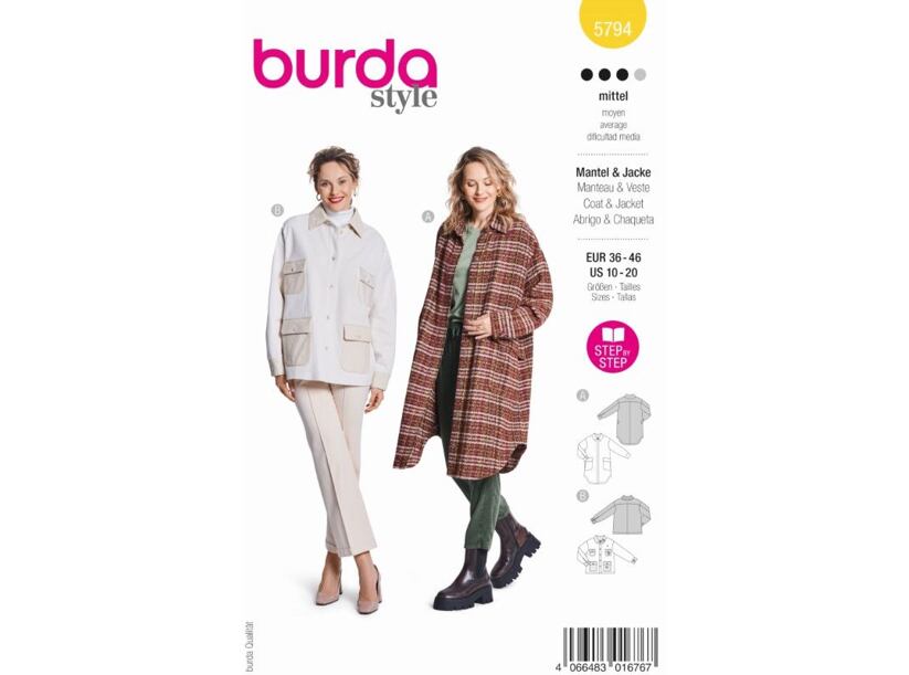 Strih Burda žltý 5794 - rovný kabát, prechodový kabát, bunda s vreckami