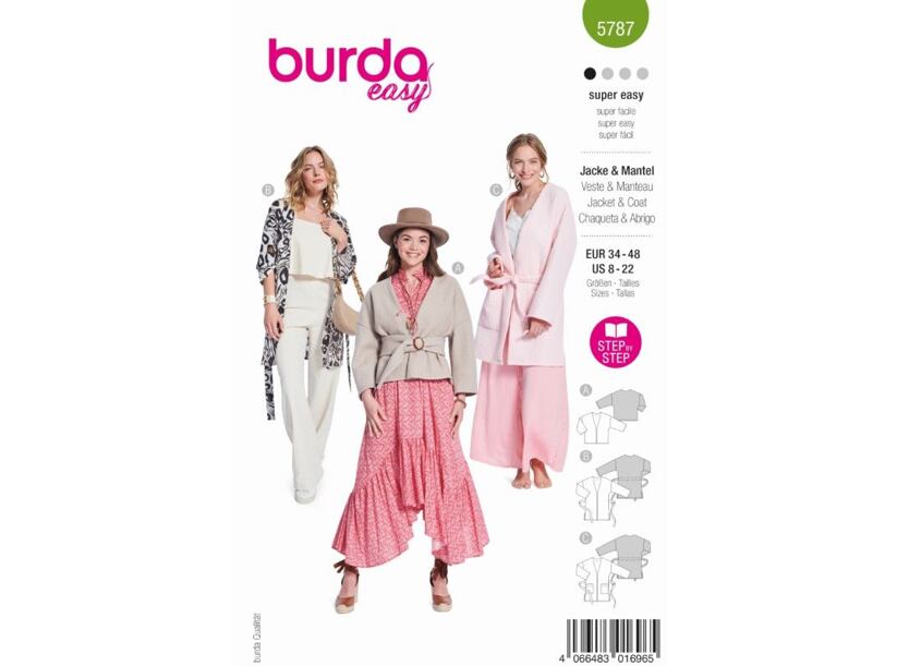 Strih Burda zelený 5787 - otvorené sako, zavinovací kabát s opaskom, vaflový kabát