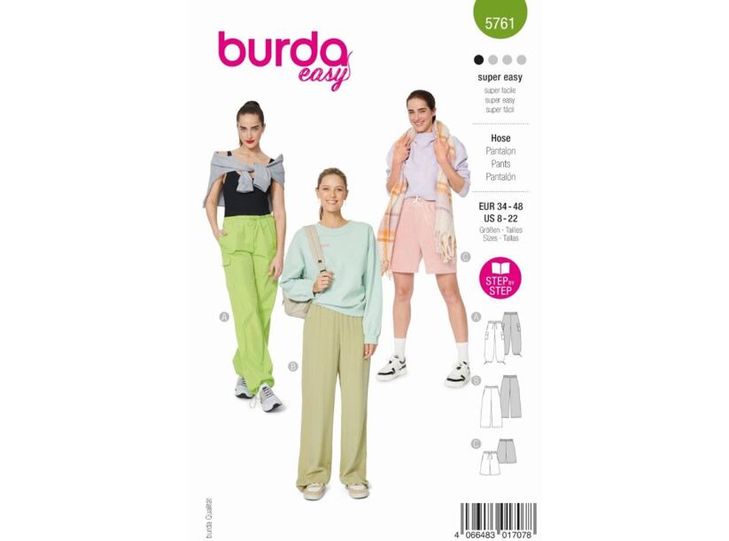 Strih Burda zelený 5761 - nohavice s gumou v páse, parašutistické nohavice, cargo nohavice, šortky