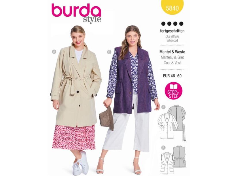 Strih Burda žltý 5840 - balónový kabát, trenčkot, vesta pre plnoštíhle