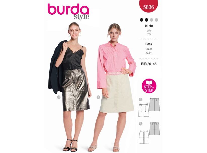 Strih Burda červený 5836 - džínsová, zapínacia, koženková sukňa