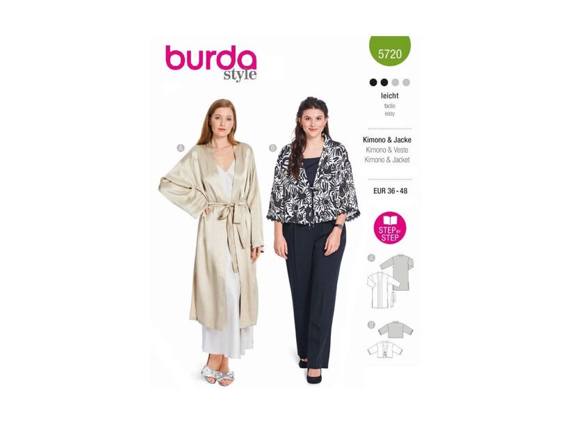 Strih Burda zelený 5720 - kabátik s opaskom, kimono, saténový kabátik, kardigan