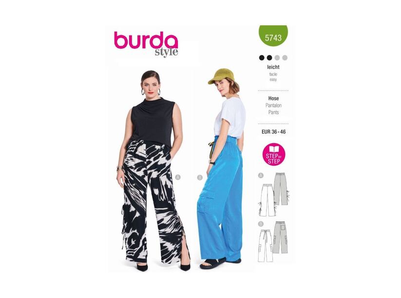 Strih Burda zelený 5743 - nohavice s gumou v páse s vysokým sedom, saténové nohavice