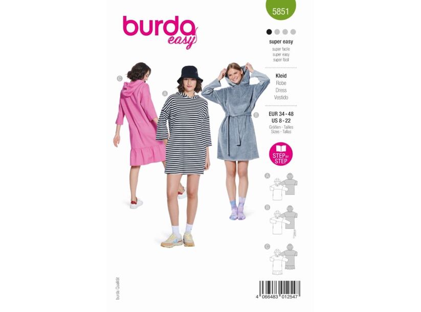 Střih Burda zelený 5851 - mikinové šaty s kapucí, tričkové šaty