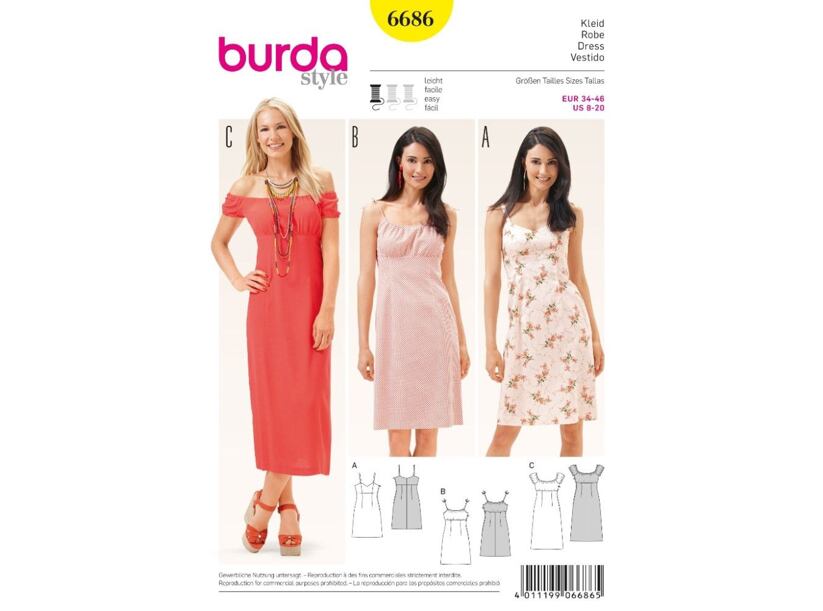 Střih Burda žlutý 6686 - áčkové šaty na ramínka, šaty carmen, empírové šaty