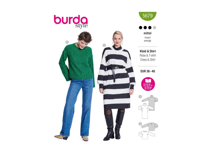 Strih Burda zelený 5679 - mikinové šaty, rolákové šaty, sveter