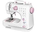 Domácí elektrický šicí stroj s volbou různých druhů stehů, ovládacími prvky pro nastavení šití a zabudovanou pravítkovou stupnicí pro přesné měření.